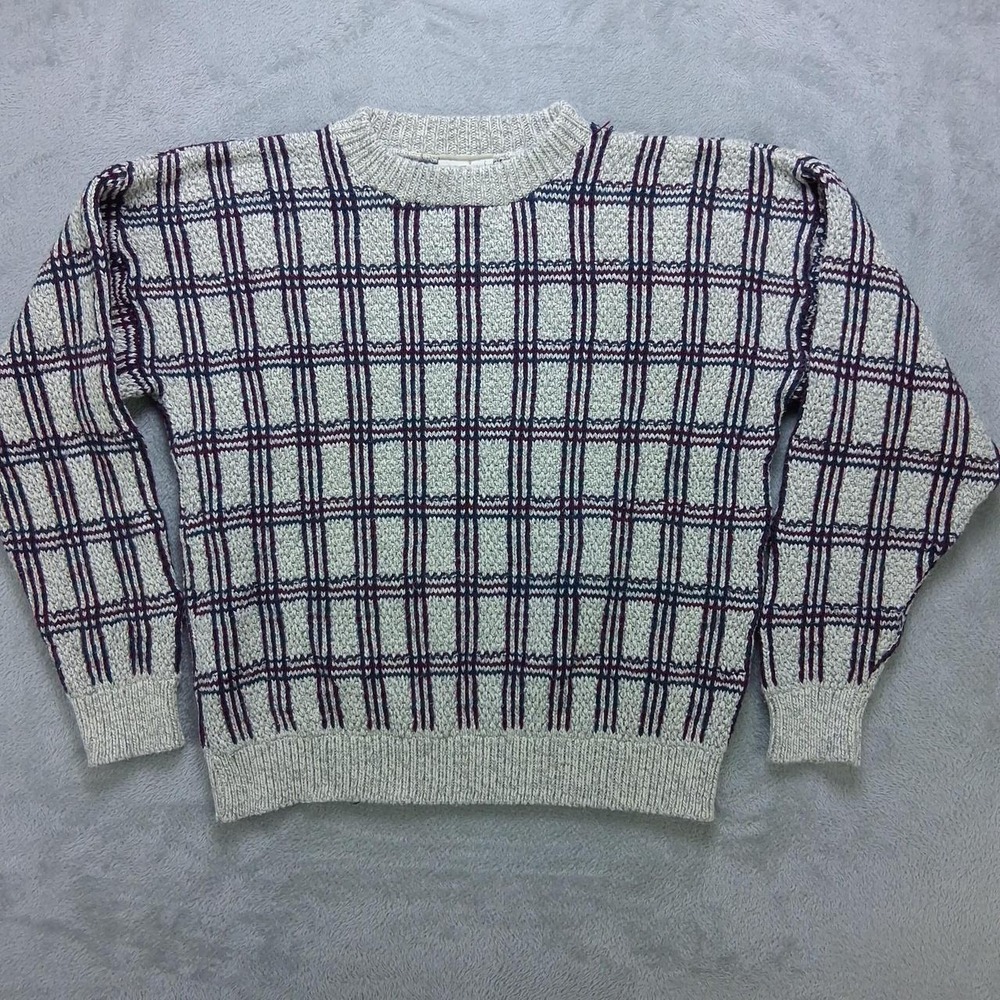 Mens Northern Reflections Plaid Knit Sweater Medium Cream Burgundy Grandpa Core